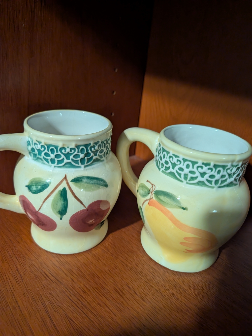Hand-Painted Fruit Yellow Ceramic Mugs with Green Trim